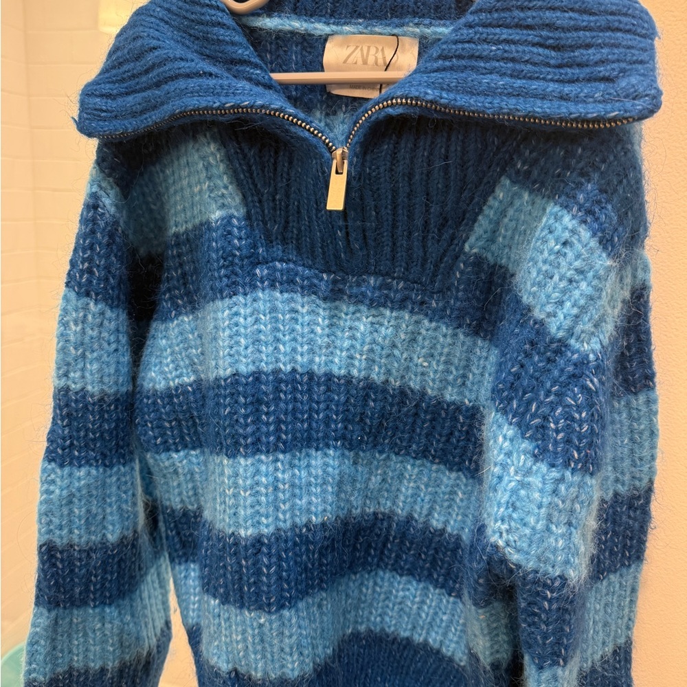 Zara Two-Tone Blue Striped Half-Zip Sweater